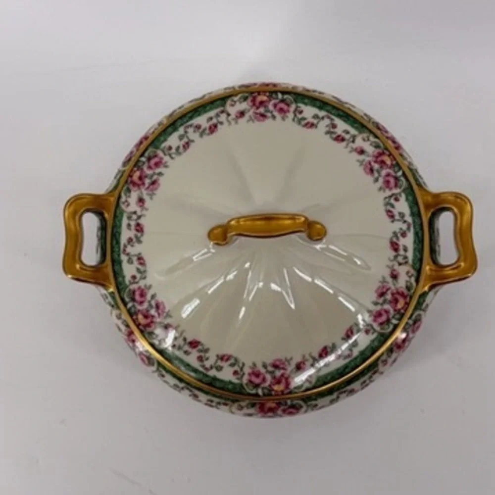 Haviland Limoges France Covered Vegetable Dish Pink Roses Green Gold 34520